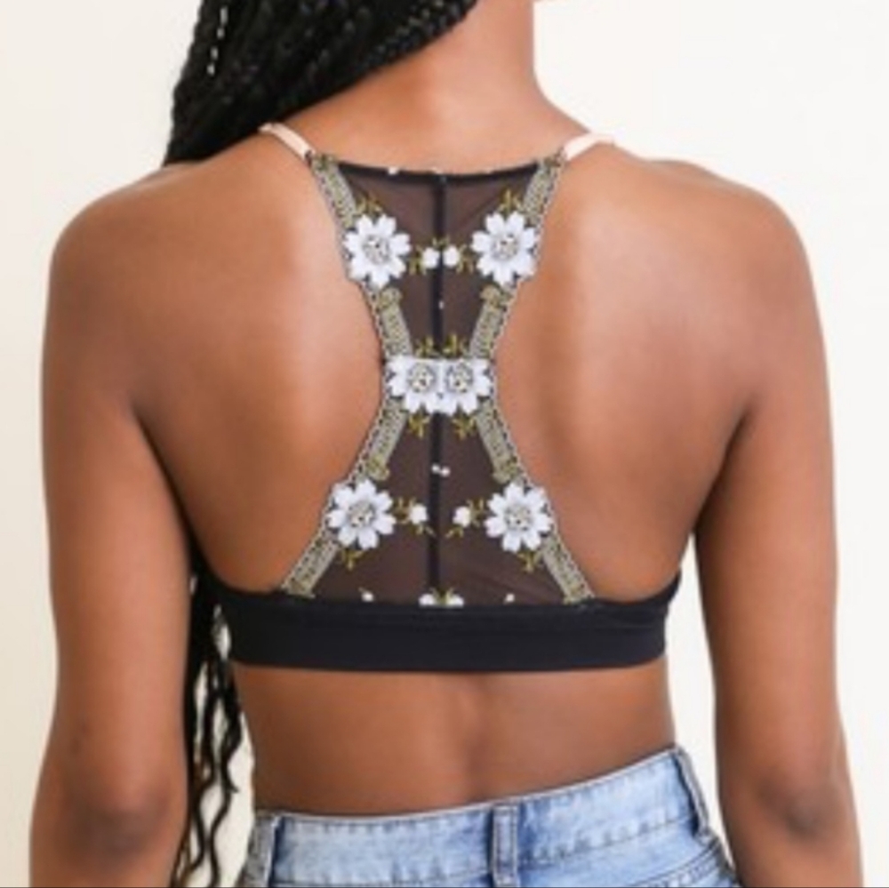 Black Floral Applique Racerback Padded Bralette XS/S